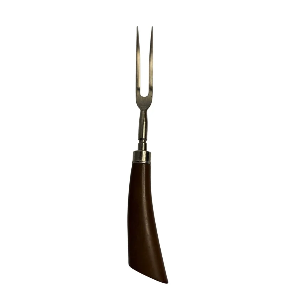 VTG Carving Fork Brown Faux Horn Handle Silver Tone Metal Meat Serving Utensil